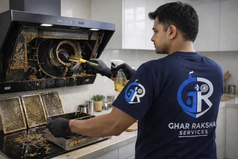 Technician performing deep kitchen chimney cleaning with grease removal from filters and motor