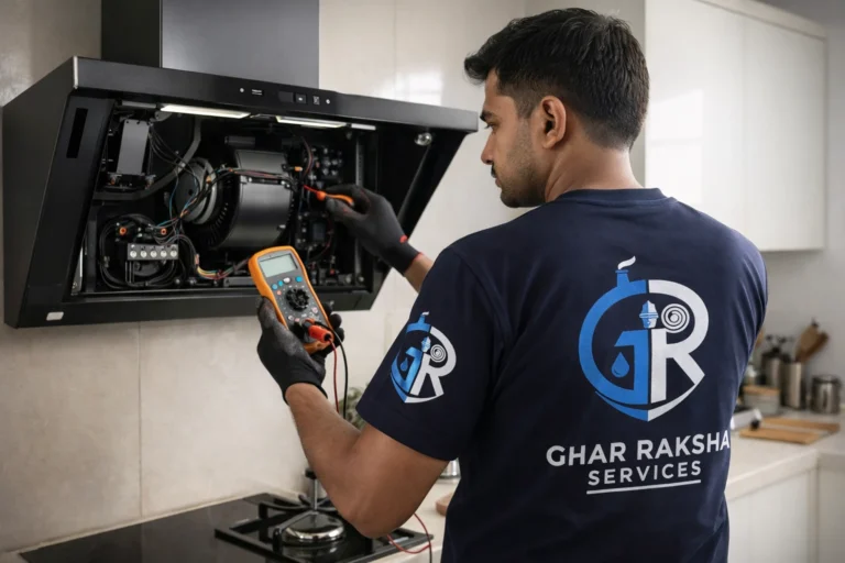 chimney repair Technician repairing kitchen chimney motor and wiring for suction, power, and noise issues in an Indian home