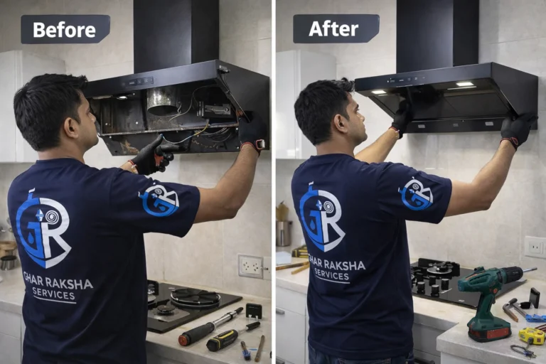 Technician uninstalling old kitchen chimney and installing new chimney in Indian home kitchen