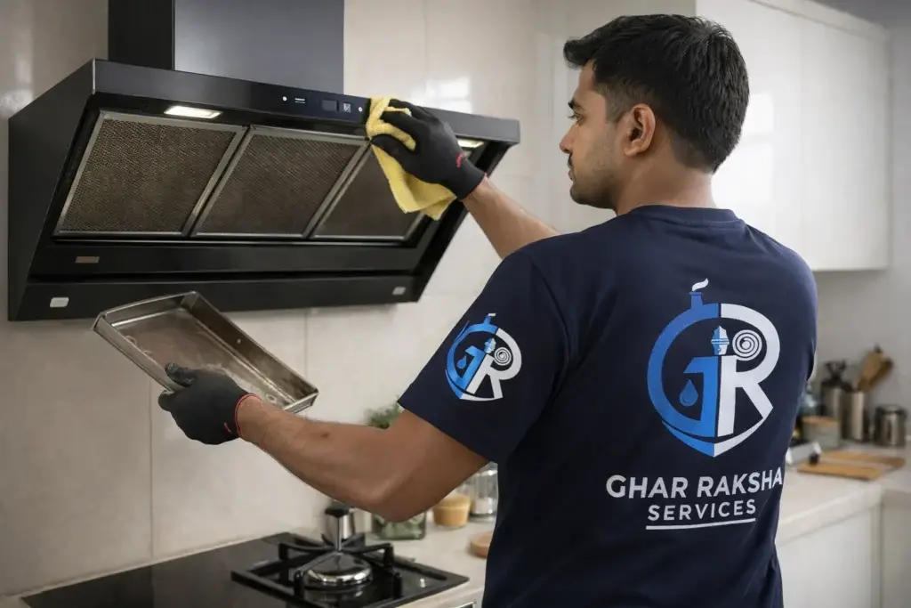 Ghar Raksha technician cleaning kitchen chimney exterior and filters during routine maintenance service