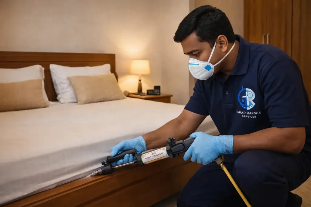 Pest control technician doing bed bug treatment on mattress in Hyderabad bedroom – Ghar Raksha Services
