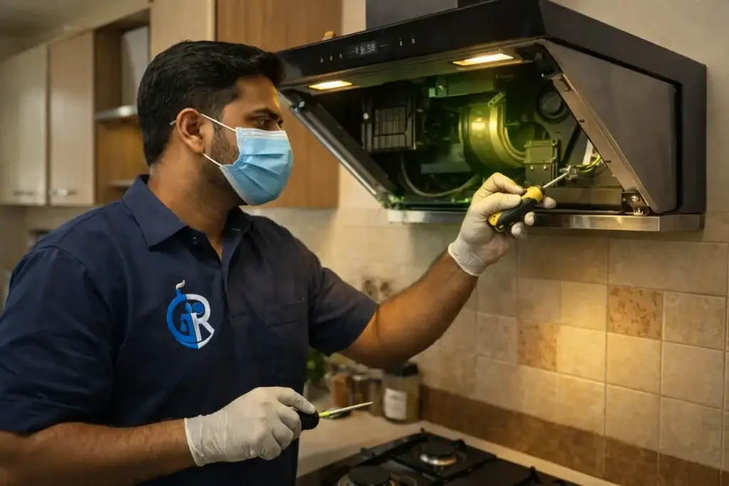 Technician repairing kitchen chimney in Hyderabad home – Ghar Raksha chimney repair service