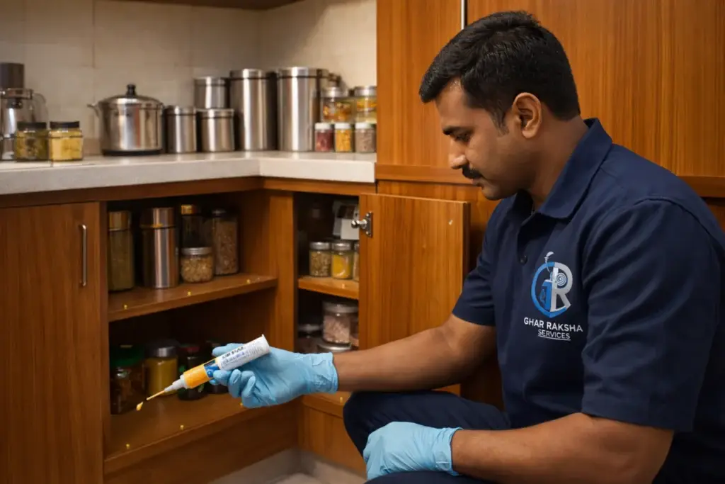 Pest control technician applying cockroach gel bait inside kitchen cupboards in Hyderabad home – Ghar Raksha Services