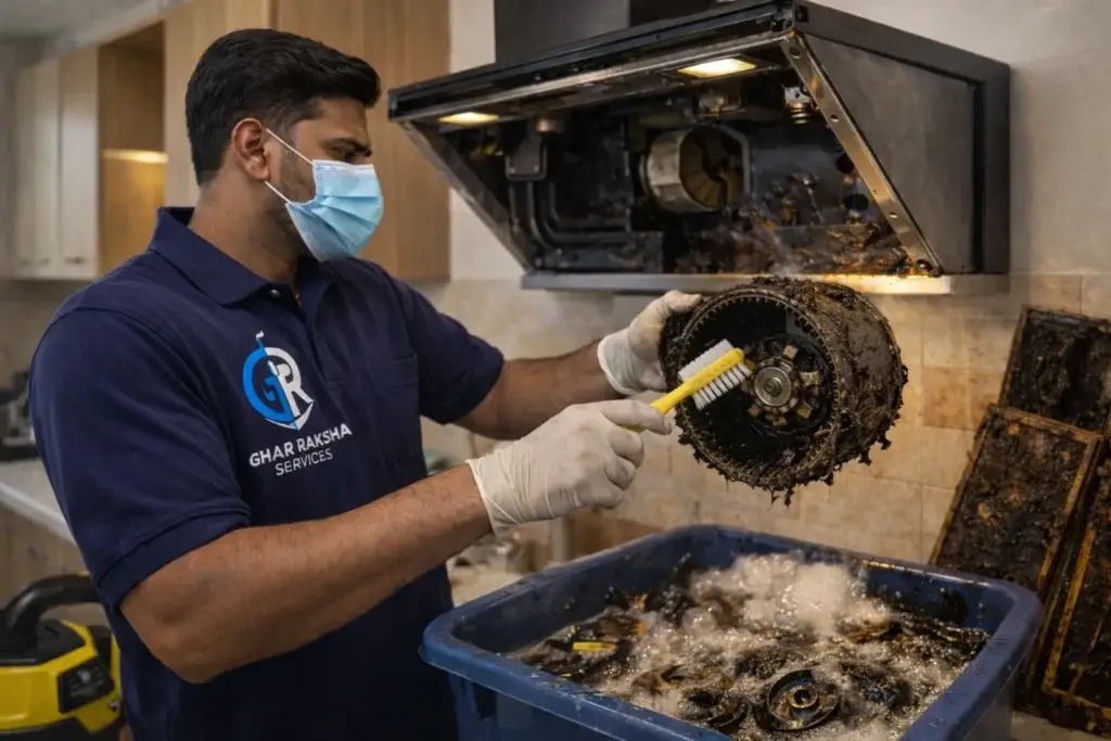 Technician doing deep kitchen chimney blower cleaning in Hyderabad – Ghar Raksha Services