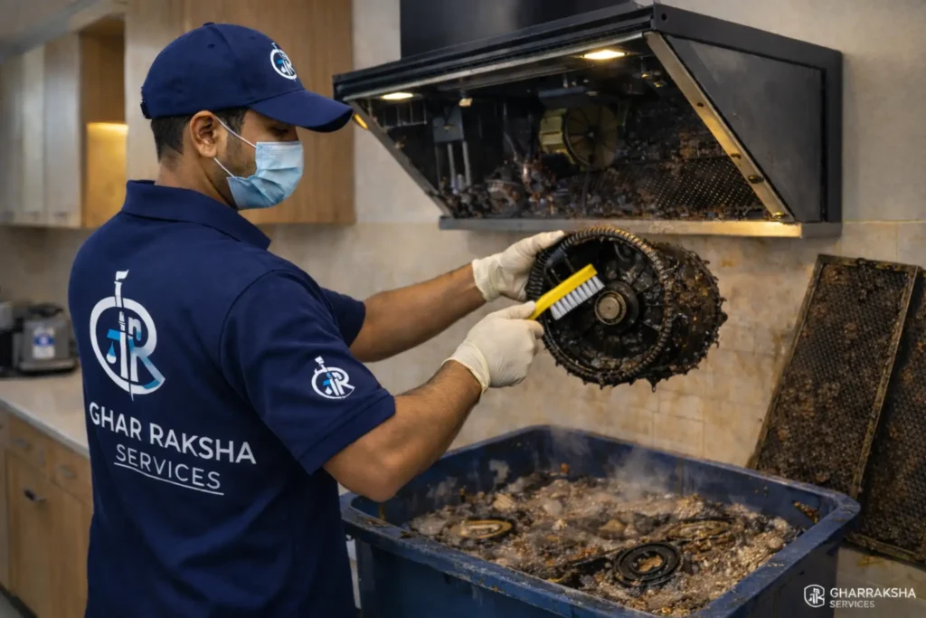 Technician cleaning kitchen chimney exhaust fan in Hyderabad for grease removal and hygiene