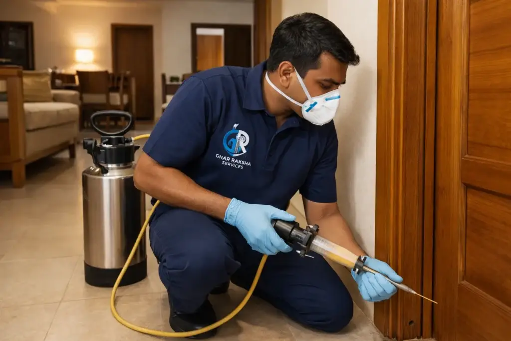 Pest control technician doing termite treatment on wooden door frame in Hyderabad home – Ghar Raksha Services
